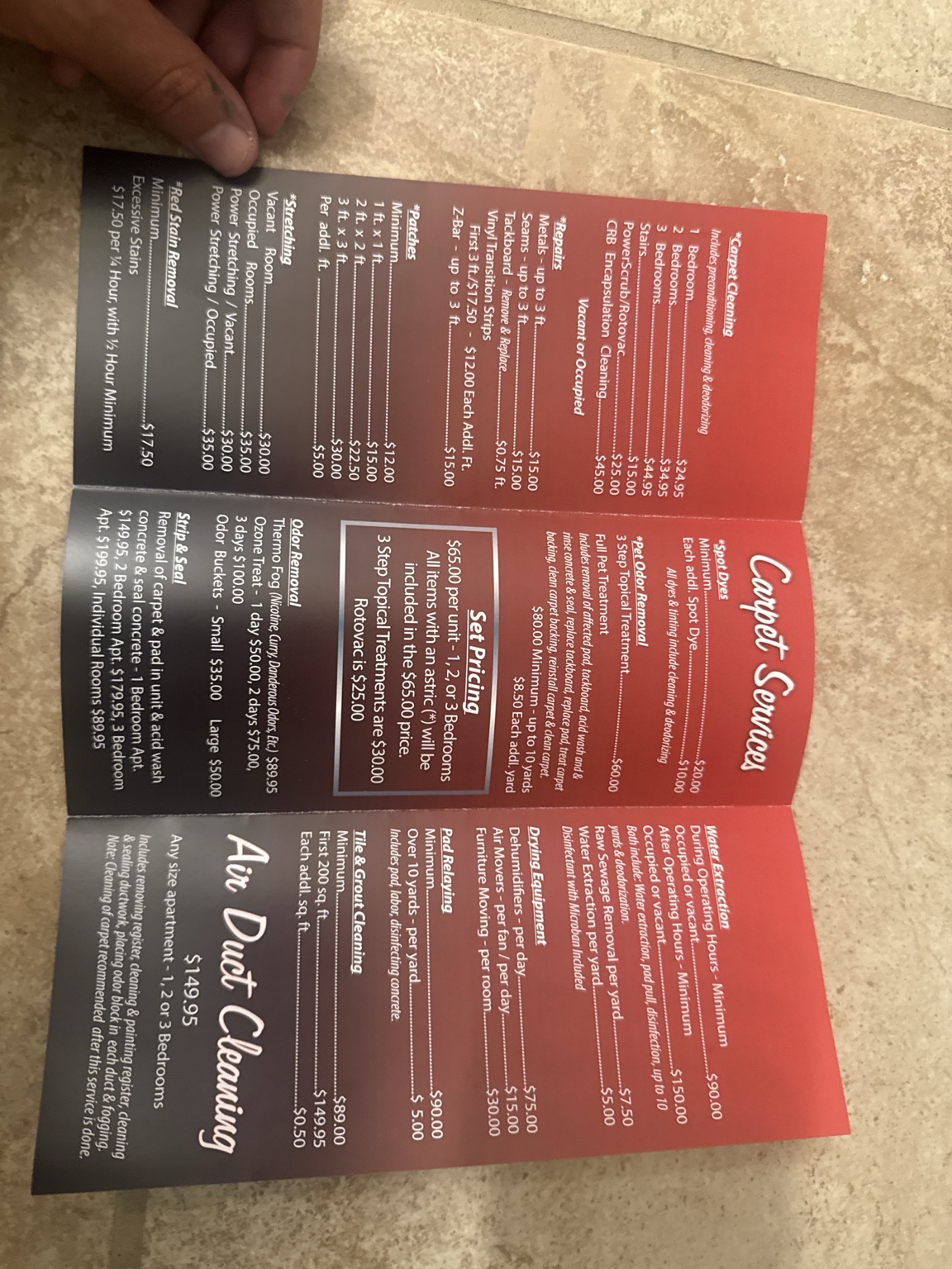 SCRUBZ printed service and pricing menu